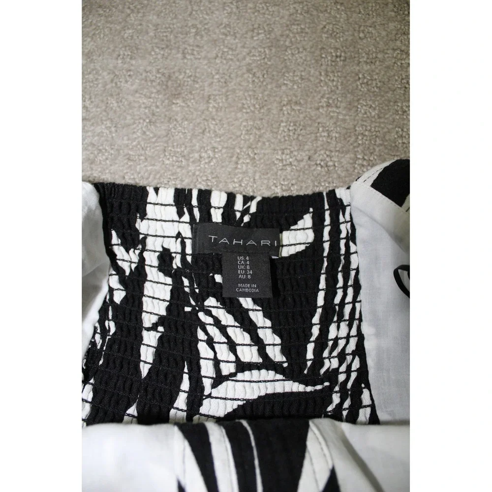 Tahari Black White Palm Leaf Sleeveless Wide Leg Belted Jumpsuit‎ Pockets Size 4